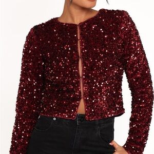 Petal & Pup Sequin Cropped Blazer in Deep Wine